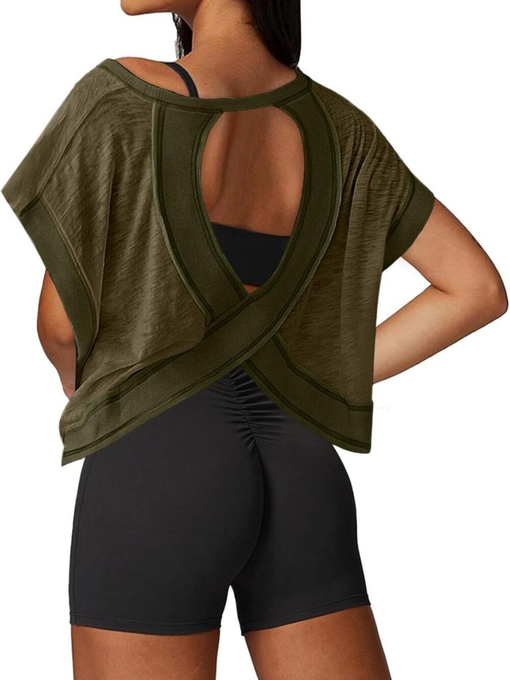 Open Back Athletic Crop Top for Women - Loose Fit Short Sleeve Gym & Yoga Tee
